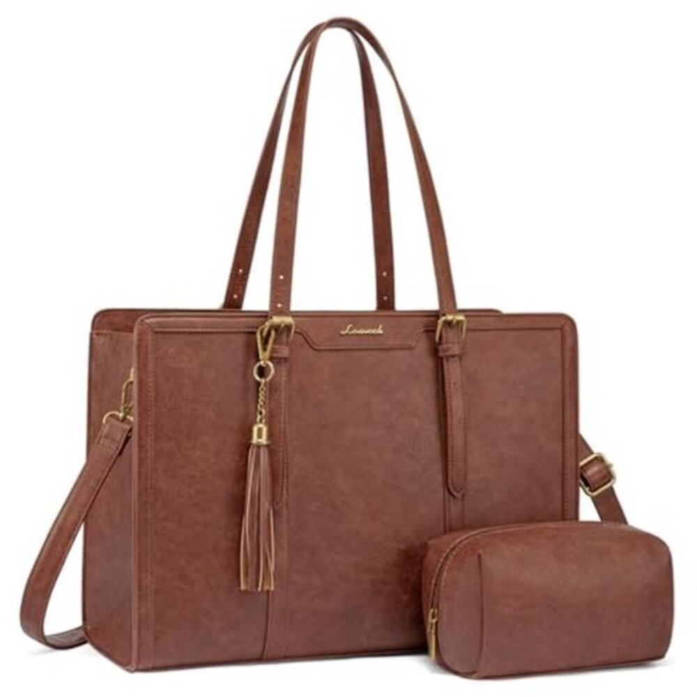 Laptop Tote Bag for Women,15.6 Inch Vintage Work Bag with Clutch,Large Leather